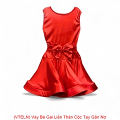 (VTELN) Váy Bé Gái Liền Thân Cộc Tay Gắn Nơ - Đỏ + Size