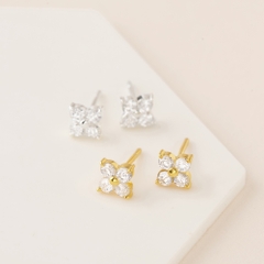 Khuyên Tai Bạc 925 Dáng Nụ Hình Hoa 4 Cánh Đính Đá Tiny Stud - VCE08