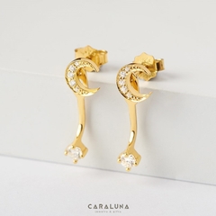 (1 cái) Hoa Tai Bạc 925 Không Dây Trăng và Sao Floating Stars & Moon Đính Đá Jacket Earrings-BE93-L