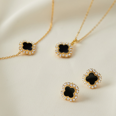 Set Quà Tặng Trang Sức Bạc Cao Cấp - Set 3 Món - Cỏ 4 Lá Đá Onyx Đen 4 Leaf Clover - VCB36 & VCN36 & VCE36