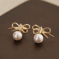 Khuyên Tai Bạc 925 Nơ Mảnh Đính Ngọc Trai Tự Nhiên - VCE531