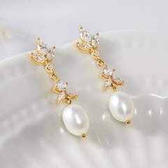 Khuyên Tai Dài Bạc 925 Hoa 3 Cánh Đính Đá Treo Dài Gắn Ngọc Trai Tự Nhiên - DE02