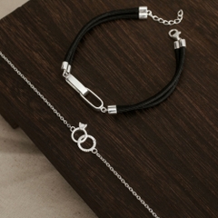 ( Một Cặp ) Lắc Tay Bạc 925 Vòng Tròn Gắn Kết Và Lắc Tay Bạc 925 Charm Nhẫn Đôi Đính Đá VYB66 - LDB28