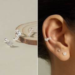 Set Khuyên Tai Bạc 925 Trái Tim Chốt Phẳng Và Cuff Bạc 925 Flat Back  - Set Heart Earrings