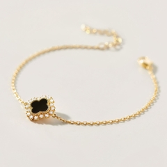 Quà Tặng 8/3 Vòng Tay Bạc 925 Cỏ 4 Lá Đá Onyx Đen 4 Leaf Clover - VCB36