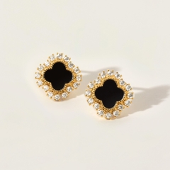 Quà Tặng 8/3 Bông Tai Bạc 925 Cỏ 4 Lá Đá Onyx Đen 4 Leaf Clover - VCE36