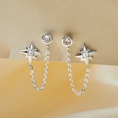 (1 Cái) Khuyên Tai 2 Lỗ Bạc 925 Dạng Xích Mặt Sao Đính Đá Star Tassel Earrings - VCE502-L