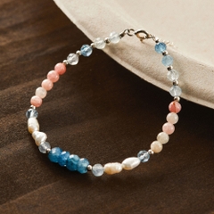 Lắc Tay Bạc 925 Phối Đá Aquamarine Xanh Dương Tròn & Đá Tourmaline Hồng - VDB05