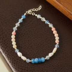 Lắc Tay Bạc 925 Phối Đá Aquamarine Xanh Dương Tròn & Đá Tourmaline Hồng - VDB05