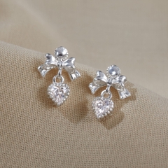 Quà Tặng 8/3 Hoa Tai Bạc 925 Hình Nơ Treo Trái Tim Đính Đá CARA LUNA - Heart Bow Tie Stud - VGE20