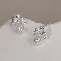 Quà Tặng 8/3 Hoa Tai Bạc 925 Hình Nơ Treo Trái Tim Đính Đá CARA LUNA - Heart Bow Tie Stud - VGE20