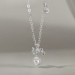 Quà Tặng 8/3 Dây Chuyền Bạc 925 Hình Nơ Treo Trái Tim Đính Đá CARA LUNA - Heart Bow Tie - VGN20