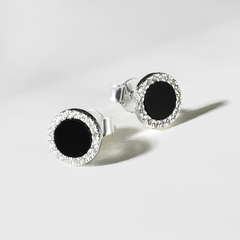 Hoa Tai Bạc 925 Dáng Nụ Tròn Đính Đá Đen Tự Nhiên Black Onyx Halo - VUE503