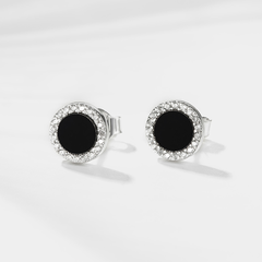 Hoa Tai Bạc 925 Dáng Nụ Tròn Đính Đá Đen Tự Nhiên Black Onyx Halo - VUE503