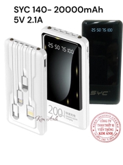 Pin sạc dự phòng chính hãng SYC S140, dung lượng 20000mAh có màn hình hiển thị pin, kèm cáp sạc tiện lợi khi di chuyển