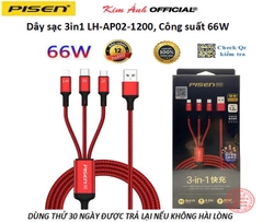 Dây sạc PISEN ( LH-AP02-1200) 66WW, 3in1 (L/ Type-C/ Micro) dây dù chống xoắn dài 1.2m , hàng chính hãng nội địa