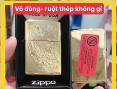 BẬT LỬA ZIPPO KHẮC CHÌM HÌNH CÁ CHÉP HOÁ RỒNG, VỎ ĐỒNG RUỘT THÉP CÓ TEM ĐỎ