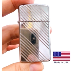 Bật lửa Zippo Mỹ Slim high polish chrome mẫu sọc dưa, sản xuất 1982, Hàng chính hãng