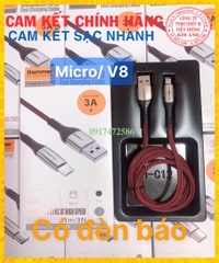 V8- Dây sạc nhanh 3A Hiệu Hammer ( H-C12-M ), Chân Micro/ V8, Có đèn báo, Hàng Chính Hãng bảo hành 12 tháng