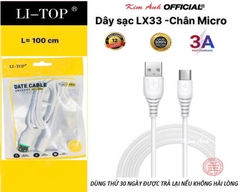 Dây sạc 3A LI-TOP LX33 chân Micro (Túi), dòng điện 5V-3A, Kim Ánh cho dùng thử 30 ngày, bảo hành chính hãng 12 tháng