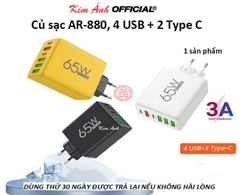 Củ sạc Power Charger AR-880, 4 USB + 2 PD, dòng điện max 3A, Kim Ánh bảo hành 12 tháng, bao đổi trả