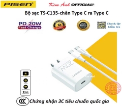 Bộ sạc Pisen Quick (TS-C135) kèm cáp sạc nhanh Type C ra Type C, Hàng chính hãng nội địa