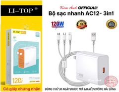 Bộ sạc nhanh 120W LI-TOP T12 3in1 (Type C, L, V8), đạt chứng nhận 3C tiêu chuẩn quốc gia, bảo hành 12 tháng