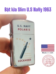 Hộp quẹt Zippo Mỹ Slim khắc laser đổ sơn chủ đề U.S NAVY POLARIS, mộc đáy chữ xéo, tim bột hiếm gặp, sản xuất 1963