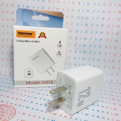 Củ sạc Hammer H-S14, 2.4A công suất 12W có 2 cổng (Type C và cổng USB), Check Qr hàng chính hãng