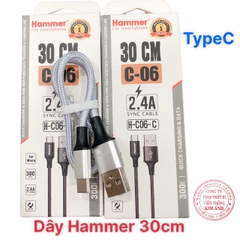 Dây sạc nhanh HAMMER C06 chân cắm TypeC, dòng điện 2.4A dây dù dài 30cm - Hàng chính hãng