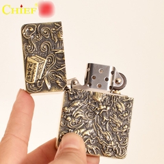 Bật lửa, hộp quẹt Chief đắp nổi 2 mặt Cửu Long Tài Lộc, Hàng loại 1 vỏ bằng đồng