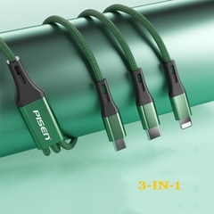 Cáp sạc nhanh PISEN 3 in 1 (L/ Type-C/ Micro) 2.4A braided 1.5m ( DM-AP01-1500), dây dù chống xoắn, hàng chính hãng