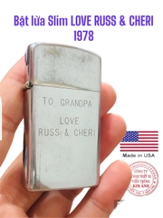 Bật lửa Zippo Mỹ Slim khắc laser LOVE RUSS & CHERI mộc đáy ngược chữ xéo hiếm gặp, sản xuất 1978
