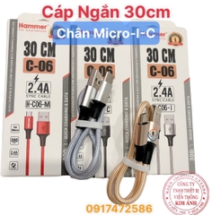 Dây sạc nhanh Hammer C06 dòng điện 2.4A dây dù, dài 30cm - Hàng chính hãng