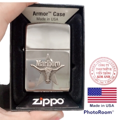 Bật lửa Zippo Mỹ Armor high polish chrome mã 167, Eblem đầu bò bạc khối nguyên chất, Mộc ngược, Hàng chính hãng