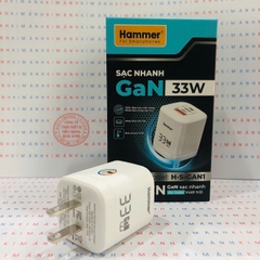 Củ sạc nhanh Hammer GaN ( H-S-GAN1) công suất 33W có 2 cổng sạc USB + C , Check Qr hàng chính hãng bảo hành 12 tháng