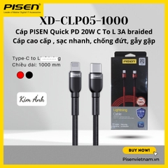 Dây sạc nhanh Pisen Quick USB-C to L, 3A Braided  1000mm (XD-CLPD05-1000), Hàng chính hãng