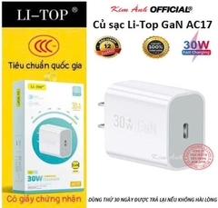 Củ sạc nhanh LI-TOP GaN AC17 công suất PD 30W có chứng nhận 3C tiêu chuẩn quốc gia, hàng chính hãng