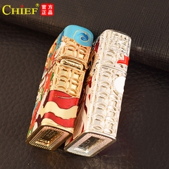Hộp quẹt, bật lửa Chief đồng nguyên chất chủ đề Tứ Tượng ( Long - Hổ - Tước - Vũ) có nút xoay, hàng loại 1