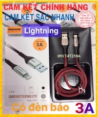 IP- Dây sạc nhanh 3A Hiệu Hammer ( H-C12-I ), Chân Linghtning  Có đèn báo, Hàng Chính Hãng bảo hành 12 tháng