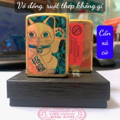 Bật lửa Zippo Armor vỏ dầy khắc chìm cẩn xà cừ mẫu Mèo may mắn, vỏ đồng ruột thép không gỉ