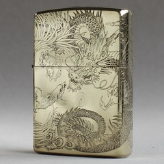 Hột quẹt, bật lửa Zippo MỸ Brass mã 204B khắc ăn mòn đổ sơn 5 mặ Long tranh Hổ đấu, Hàng chính hãng
