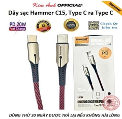 Dây sạc nhanh Hammer PD20W C15 chân Type C ra Type C, dây dù chống rối, Hàng Chính Hãng bảo hành 12 tháng