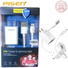 Sạc Pisen USB Charger 2A, kèm cáp sạc điện thoại quả táo (TS-C132) Trắng, Hàng chính hãng
