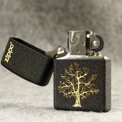 Quẹt Zippo MỸ Black Crackle mã 236 khắc ăn mòn đổ sơn chủ đề Cây Phú Quý , Hàng chính hãng
