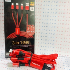 Dây sạc PISEN ( LH-AP02-1200) 66WW, 3in1 (L/ Type-C/ Micro) dây dù chống xoắn dài 1.2m , hàng chính hãng nội địa