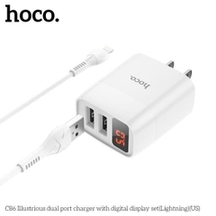 TypeC - Bộ Sạc Nhanh Hoco C86 - 2,4A cổng TypeC , có đèn Led hiển thị Ampe, Sạc cùng lúc 2 thiết bị, Hàng chính hãng