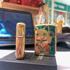 Bật lửa Zippo Armor vỏ dầy khắc chìm cẩn xà cừ mẫu Mèo may mắn, vỏ đồng ruột thép không gỉ