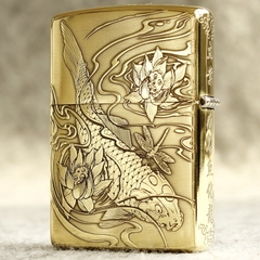 Hột quẹt, bật lửa Zippo MỸ Brass mã 204B khắc ăn mòn 5 mặt Cá Chép Hoá Rồng, Hàng chính hãng