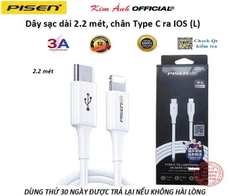 Dây sạc nhanh Pisen chân Tpye C ra IOS (L), dòng điện 3A, dây dài 2.2 mét - Hàng chính hãng nội địa bảo hành 12 tháng